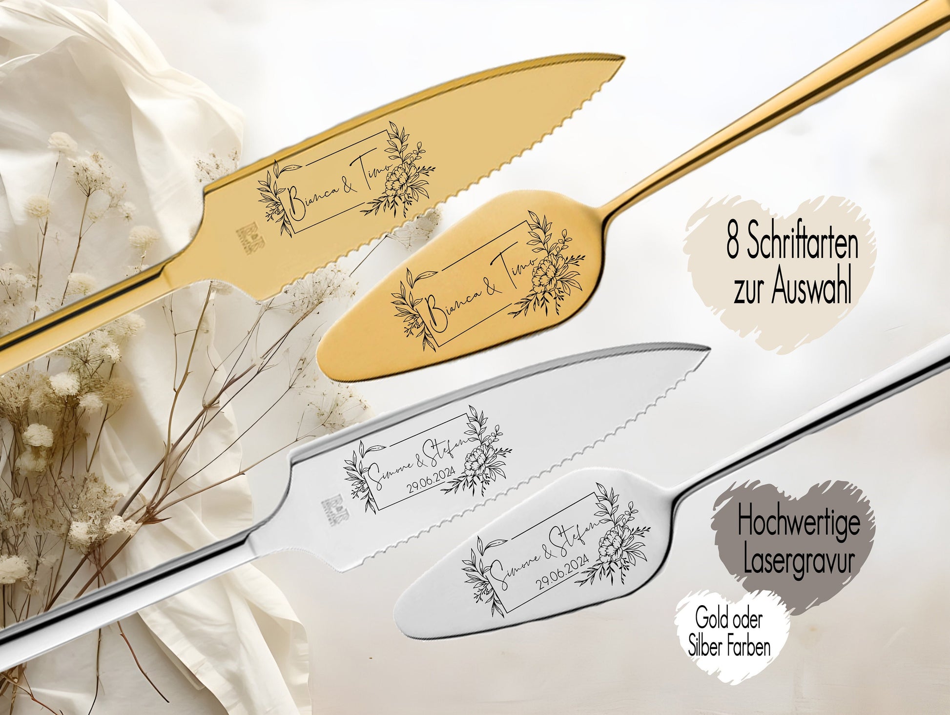 Tortenheber inkl. Tortenmesser im Set personalisiert | Gravur Wunschtext | Geschenk zur Hochzeit | Jahrestag | Blumen Tulip Gold o. Silber Blumen Pfingstrose Eucalyptus Blätter Greenery Fineline Kranz Rahmen