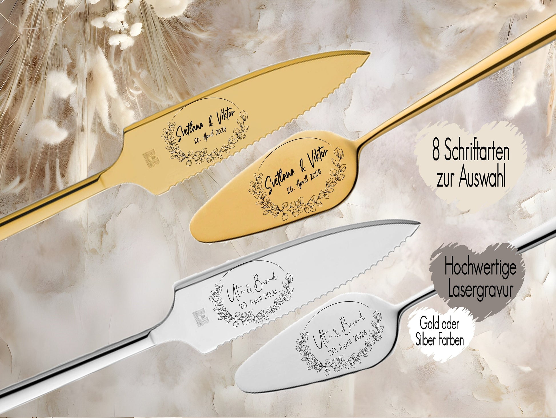 Tortenheber inkl. Tortenmesser im Set personalisiert | Gravur Wunschtext | Geschenk zur Hochzeit | Jahrestag | Blumen Gold o. Silber  Blätter Greenery Fineline Eucalyptus Kranz Wreath Rahmen