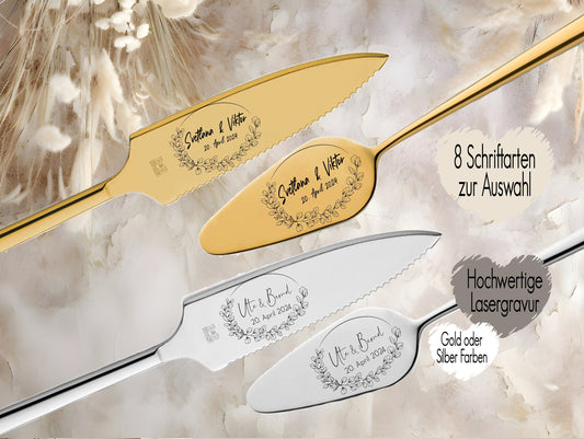 Tortenheber inkl. Tortenmesser im Set personalisiert | Gravur Wunschtext | Geschenk zur Hochzeit | Jahrestag | Blumen Gold o. Silber  Blätter Greenery Fineline Eucalyptus Kranz Wreath Rahmen