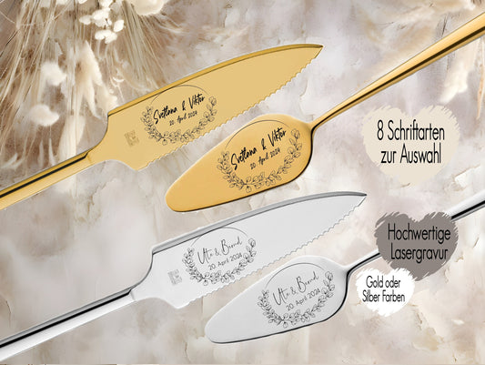 Tortenheber inkl. Tortenmesser im Set personalisiert | Gravur Wunschtext | Geschenk zur Hochzeit | Jahrestag | Blumen Gold o. Silber Blätter Greenery Fineline Eucalyptus Kranz Wreath Rahmen