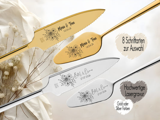 Tortenheber inkl. Tortenmesser im Set personalisiert | Gravur Wunschtext | Geschenk zur Hochzeit | Jahrestag | Blumen Tulip Gold o. Silber Blumen Pfingstrose Eucalyptus Blätter Greenery Blumenbouquet