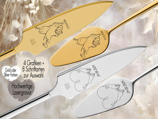 Tortenheber inkl. Tortenmesser im Set personalisiert | Gravur Wunschtext | Geschenk zur Hochzeit | Jahrestag | Hände Love | Händchenhaltend | Forever together | Hand in Hand Gold o. Silber | you and me Ein Leben lang an deiner Seite | Für immer