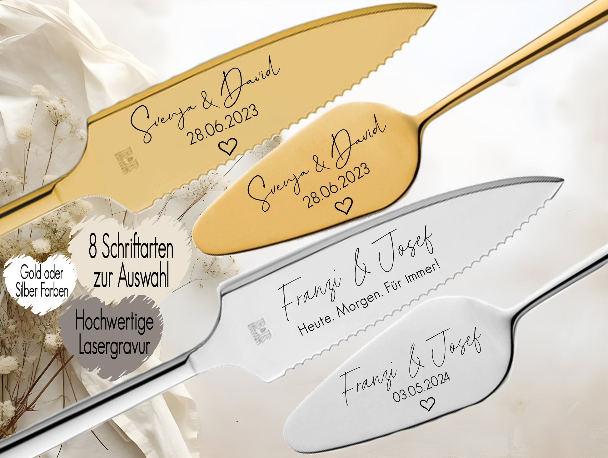 Tortenheber inkl. Tortenmesser im Set personalisiert | Gravur Wunschtext | Geschenk zur Hochzeit | Jahrestag | Namen mit Herz Gold o. Silber Fineline Herz Heart Heute Morgen Für immer | Du und ich ein Leben lang | Ewig dein Ewig mein ewig uns