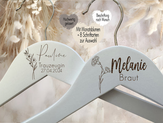 Kleiderbügel Holz mit Gravur personalisiert mit Name + Geburtsblume | Kleiderbügel Hochzeit Braut Bräutigam Trauzeugin | Mama Gastgeschenk Geschenkidee Oma Beste Freundin Danke | Floral Blumen Spring