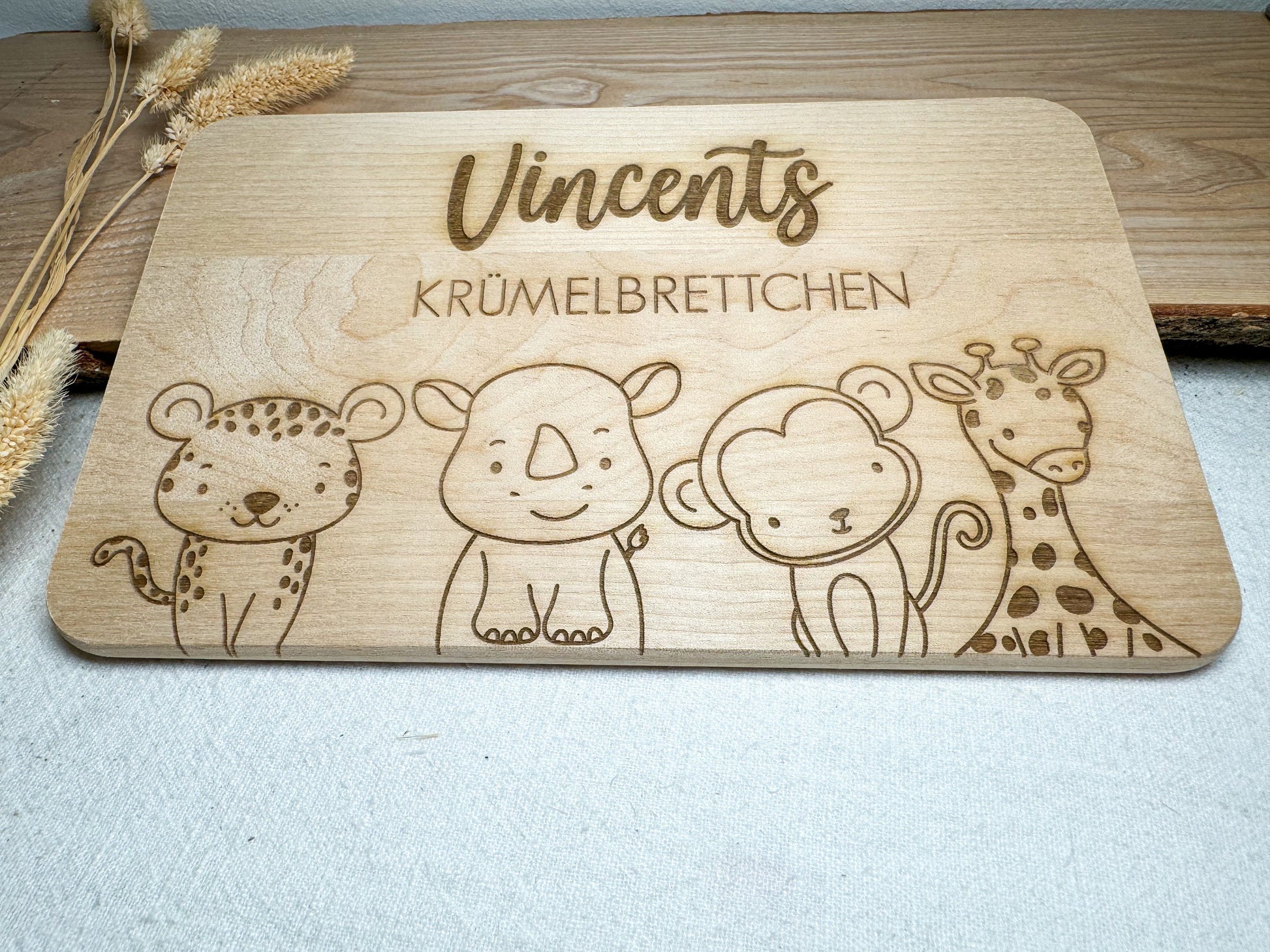 Frühstücksbrett personalisiert mit Name Wunschtext | Holzbrett Lasergravur | Geschenk Geburt Babygeschenk Taufe Vesperbrett | Tiere Safari