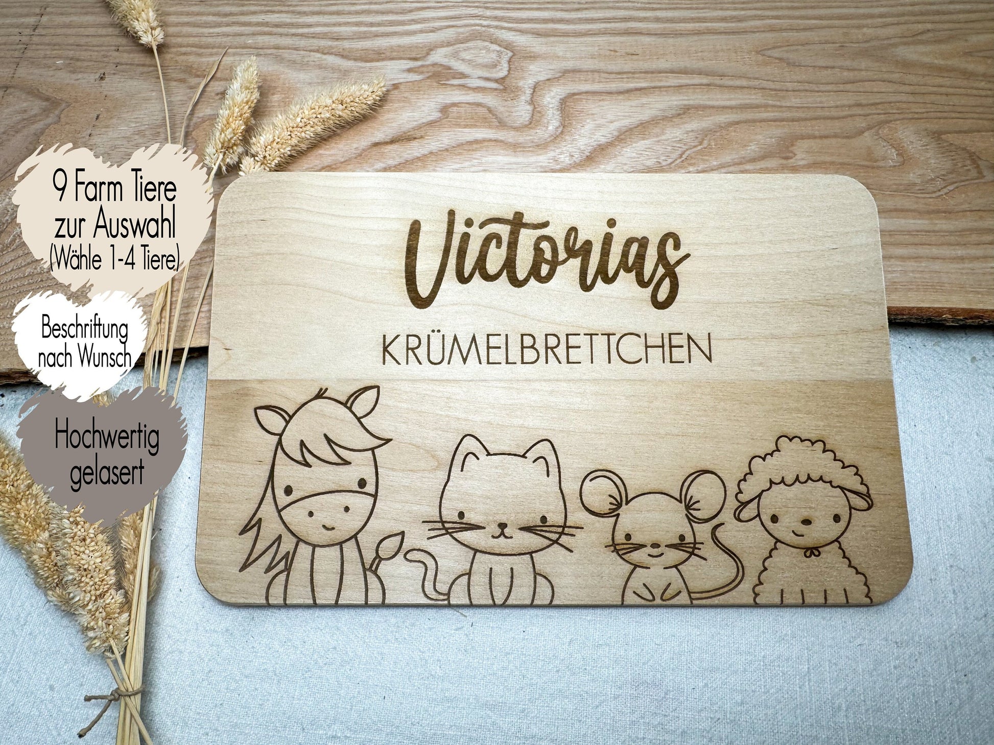 Frühstücksbrett personalisiert mit Name Wunschtext | Holzbrett Lasergravur | Geschenk Geburt Babygeschenk Taufe Vesperbrett | Tiere Farm Pferd Katze Hund Hase Schwein Schaf Ziege Maus Ente