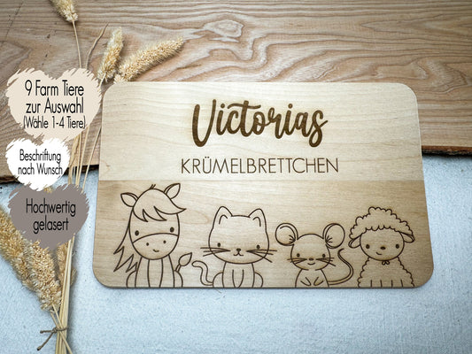 Frühstücksbrett personalisiert mit Name Wunschtext | Holzbrett Lasergravur | Geschenk Geburt Babygeschenk Taufe Vesperbrett | Tiere Farm Pferd Katze Hund Hase Schwein Schaf Ziege Maus Ente