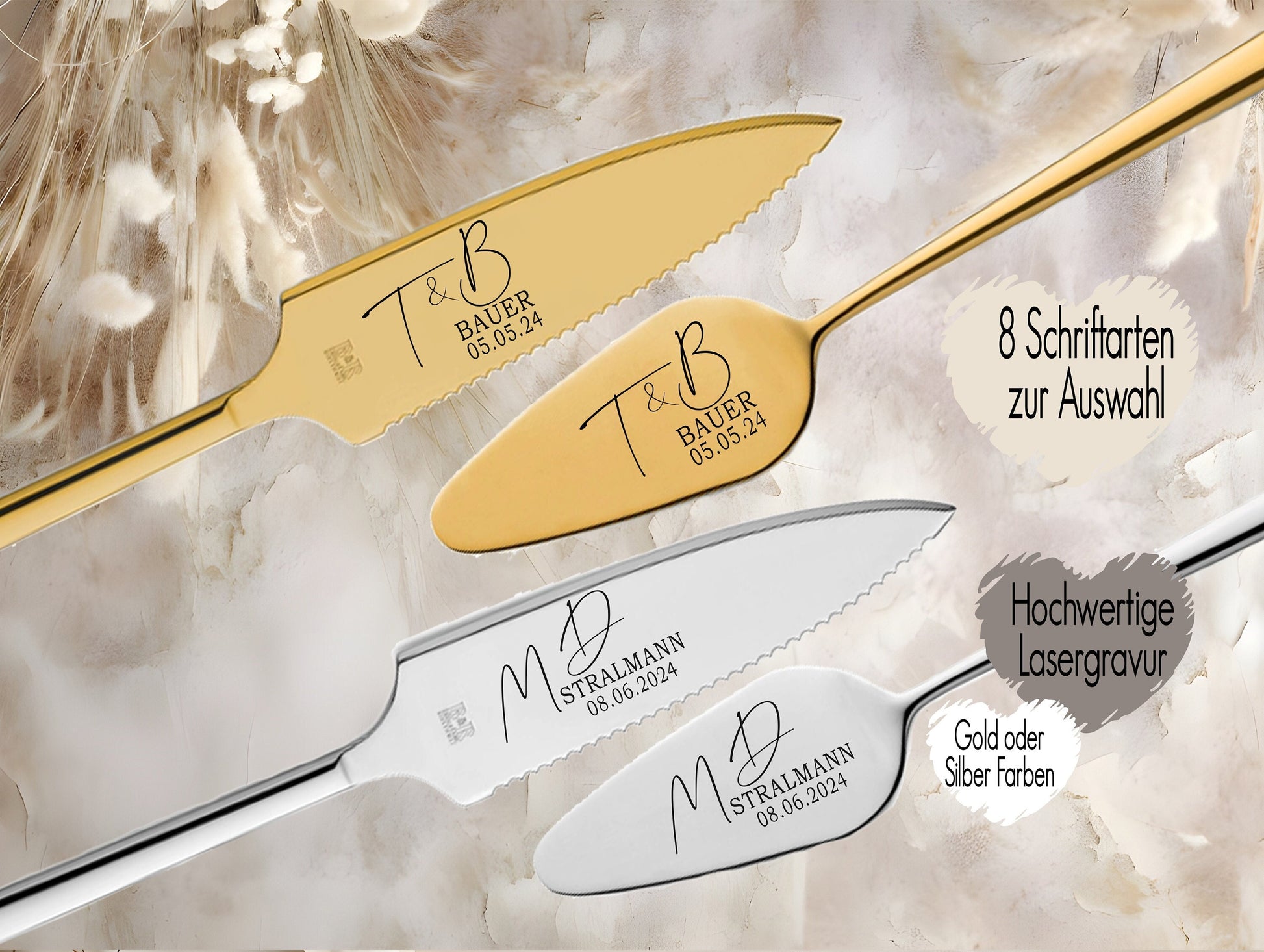 Tortenheber inkl. Tortenmesser im Set personalisiert | Gravur Wunschtext | Geschenk zur Hochzeit | Jahrestag | Initalien Namen Nachname Datum | Gold o. Silber Monogramm