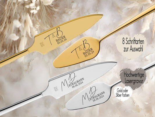 Tortenheber inkl. Tortenmesser im Set personalisiert | Gravur Wunschtext | Geschenk zur Hochzeit | Jahrestag | Initalien Namen Nachname Datum | Gold o. Silber Monogramm