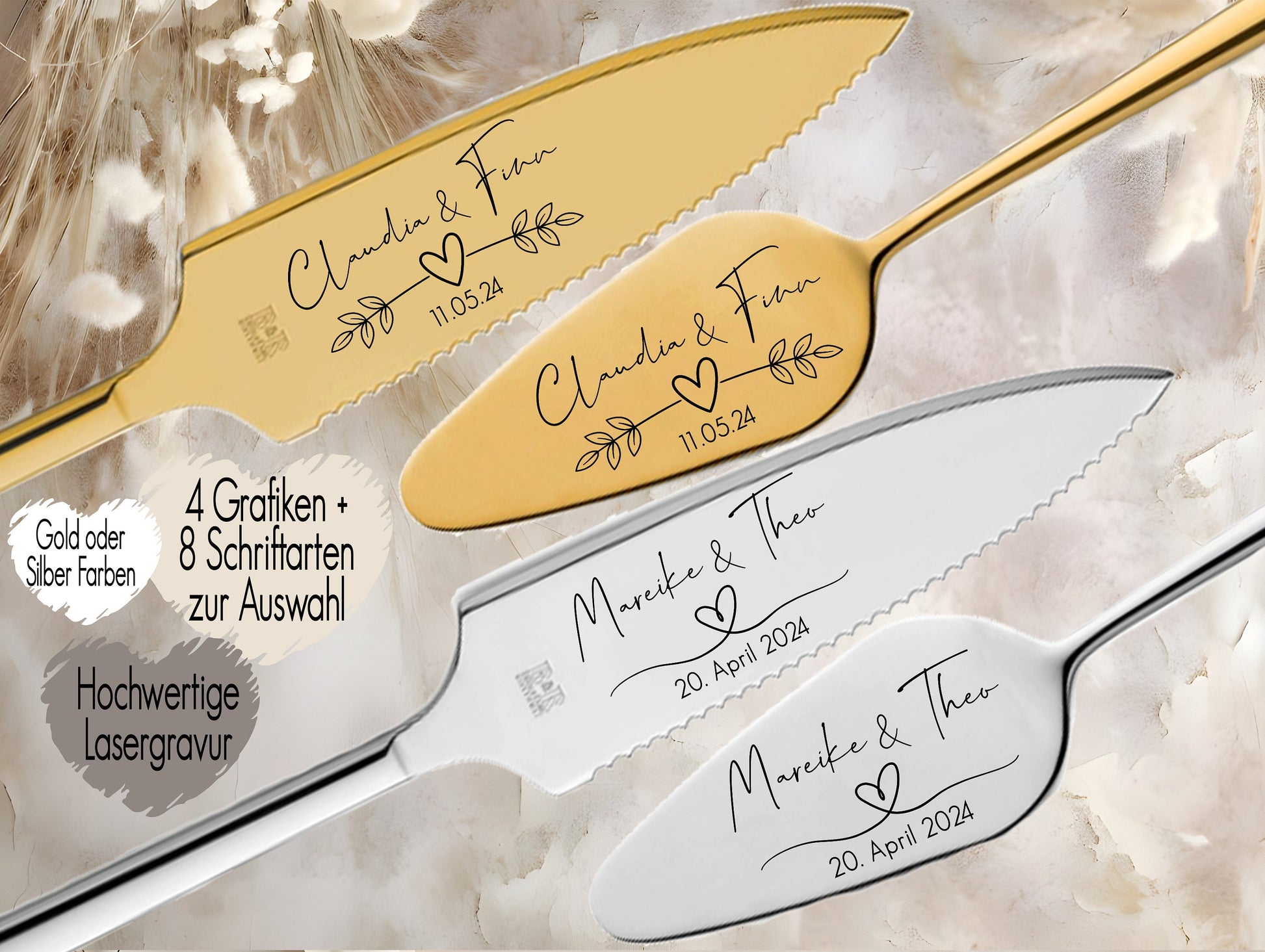 Tortenheber inkl. Tortenmesser im Set personalisiert | Gravur Wunschtext | Geschenk zur Hochzeit | Jahrestag | Namen mit Herz Gold o. Silber Herz Border Love Liebe Fineline Handschrift Heute für immer | Love you | Du und ich ein Leben lang