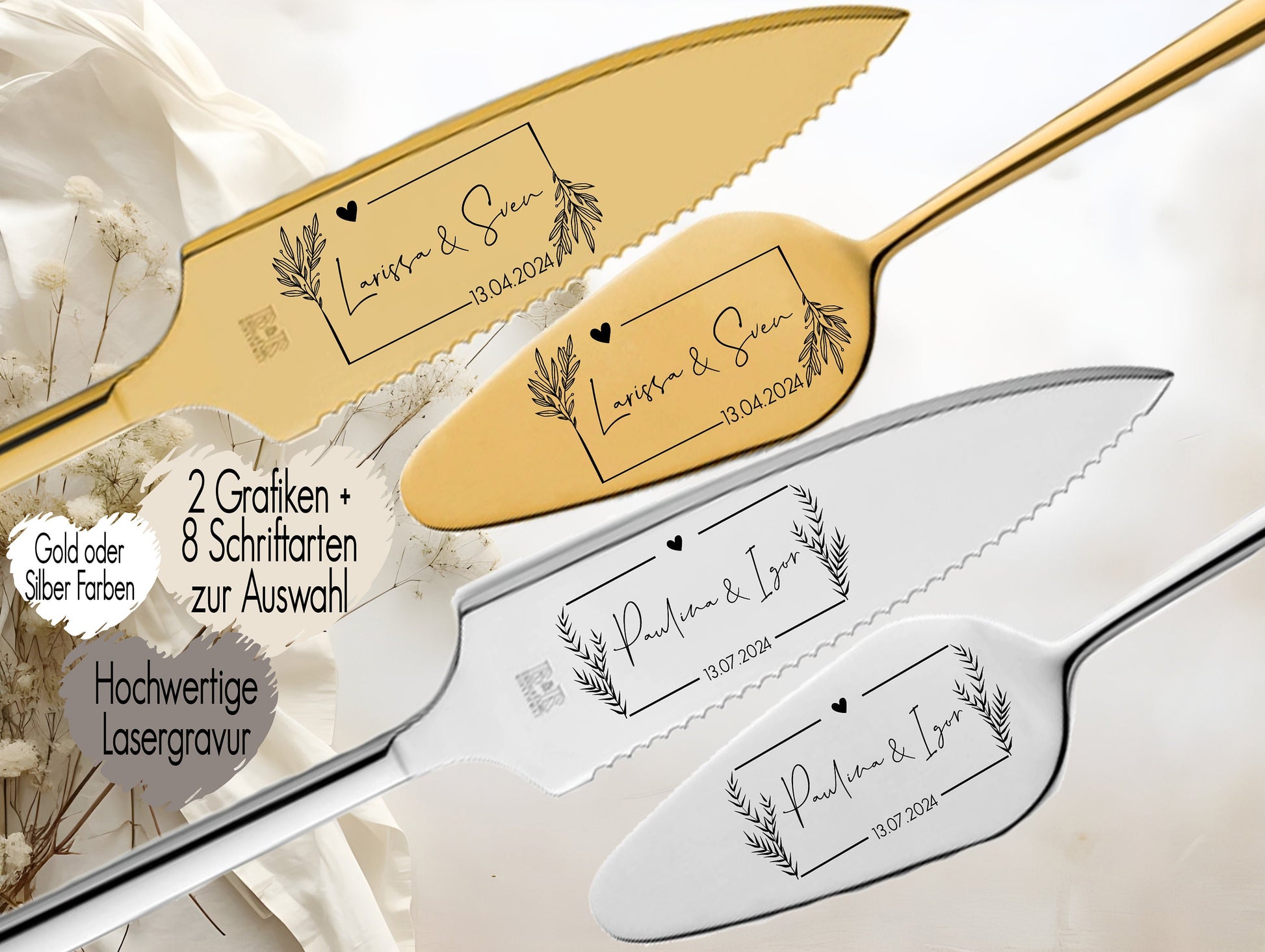 Tortenheber inkl. Tortenmesser im Set personalisiert | Gravur Wunschtext | Geschenk zur Hochzeit | Jahrestag | Namen Flower Gold o. Silber | Blumen Blätter Eucalyptus Fineline Rechteck Rahmen Heute für immer | Ein leben lang