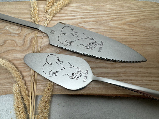 Tortenheber inkl. Tortenmesser im Set personalisiert | Gravur Wunschtext | Geschenk zur Hochzeit | Jahrestag | Hände Love Gold o. Silber