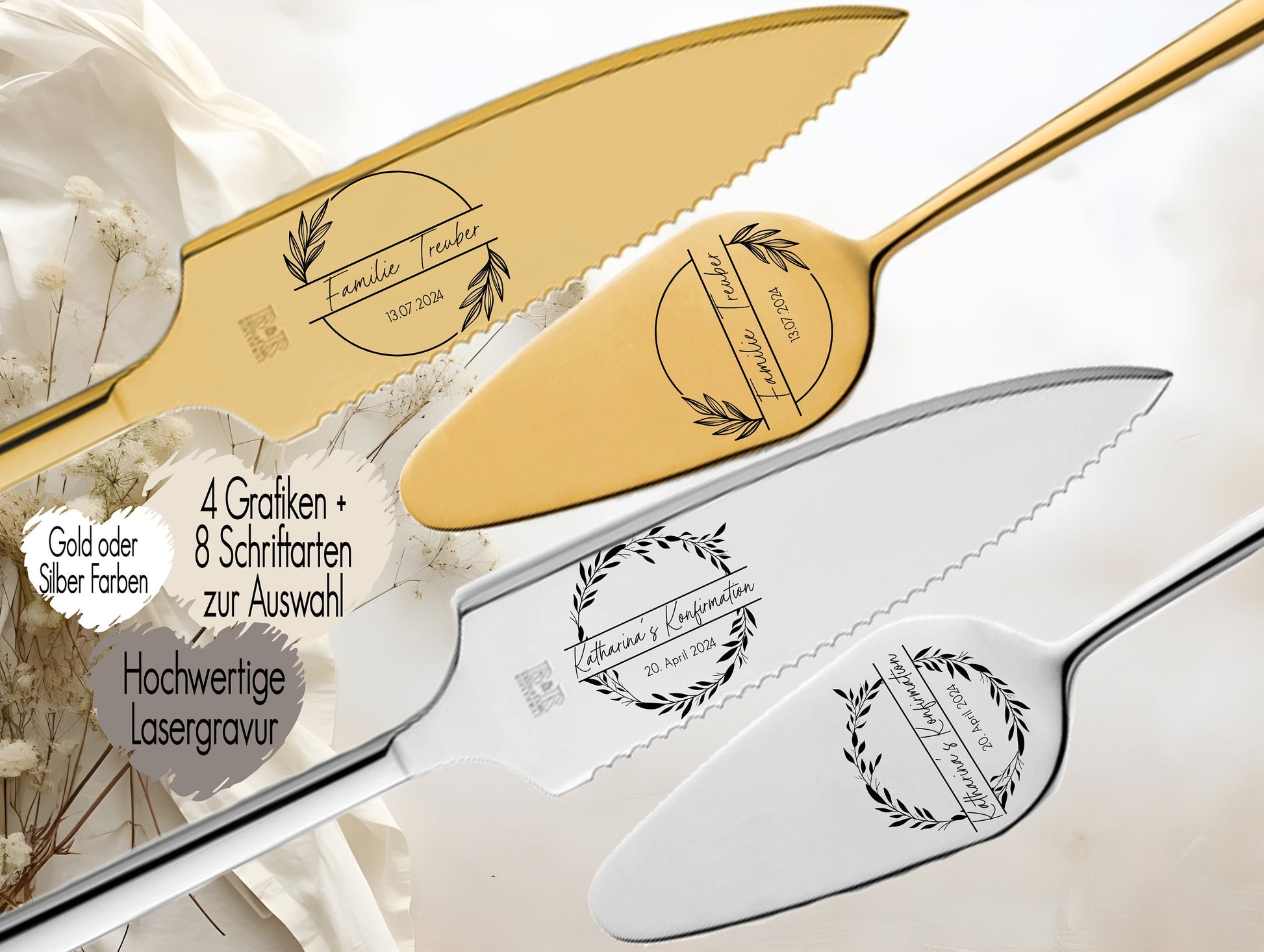 Tortenheber inkl. Tortenmesser im Set personalisiert | Gravur Wunschtext | Geschenk zur Hochzeit | Jahrestag | Kranz Flower Blumen Eucalyptus Blätter Wreath Fineline Gold o. Silber | Taufe Konfirmation Hochzeit Monogramm Name Datum