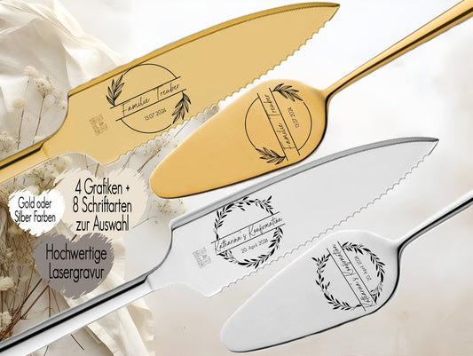 Tortenheber inkl. Tortenmesser im Set personalisiert | Gravur Wunschtext | Geschenk zur Hochzeit | Jahrestag | Kranz Flower Blumen Eucalyptus Blätter Wreath Fineline Gold o. Silber | Taufe Konfirmation Hochzeit Monogramm Name Datum