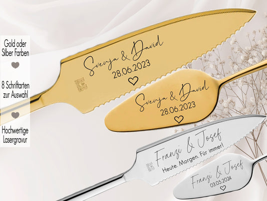 Tortenheber inkl. Tortenmesser im Set personalisiert | Gravur Wunschtext | Geschenk zur Hochzeit | Jahrestag | Namen mit Herz Gold o. Silber Fineline Herz Heart Heute Morgen Für immer | Du und ich ein Leben lang | Ewig dein Ewig mein ewig uns