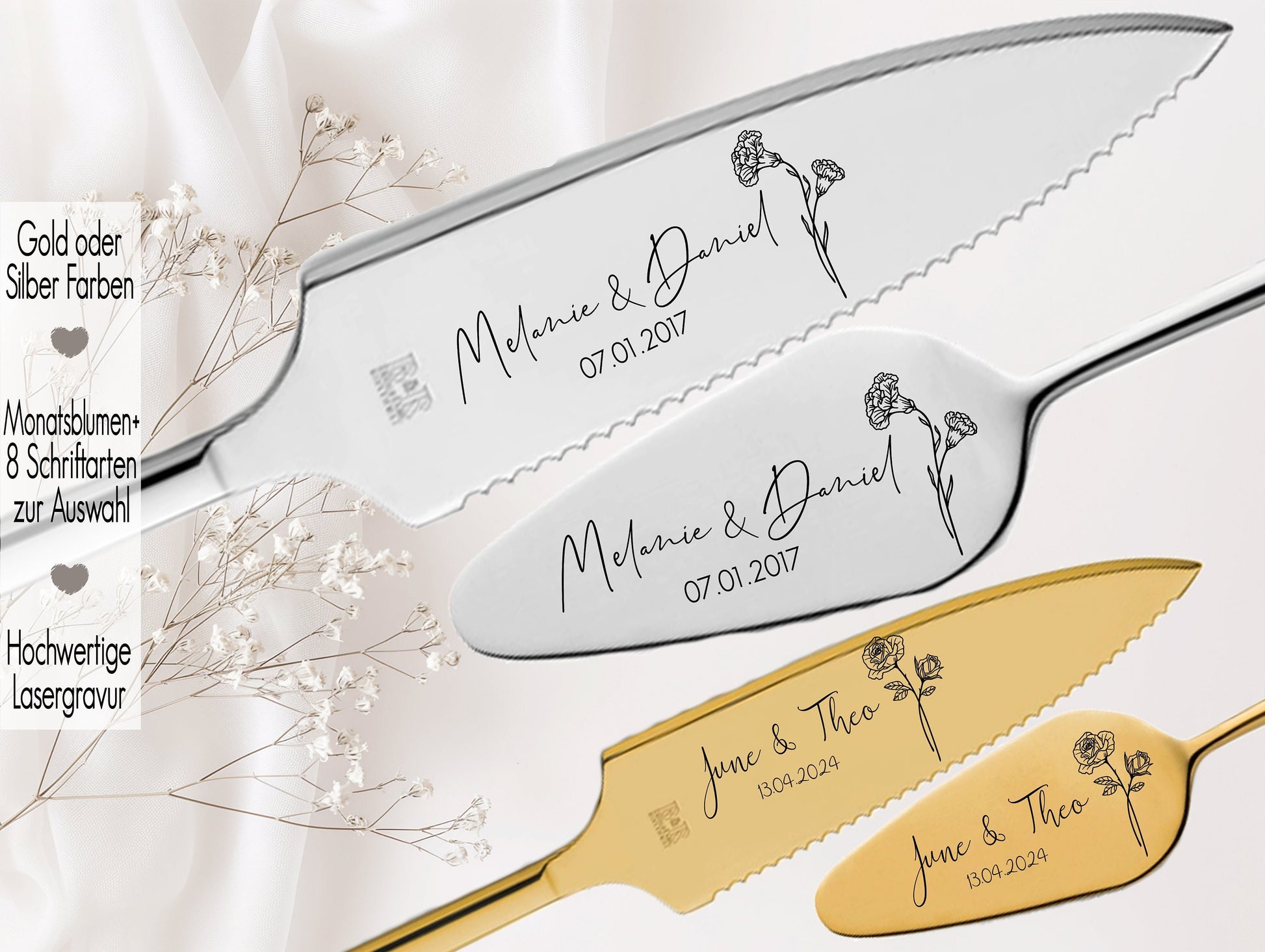 Tortenheber inkl. Tortenmesser im Set personalisiert | Gravur Wunschtext | Geschenk zur Hochzeit | Jahrestag | Namen Gold  Silber Heute Morgen Für immer | Du und ich ein Leben lang | Ewig dein Ewig mein ewig uns Flower Monatsblume Geburtsblume Rose