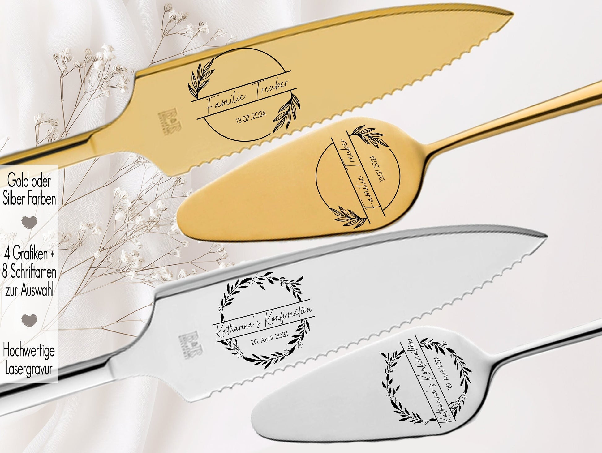 Tortenheber inkl. Tortenmesser im Set personalisiert | Gravur Wunschtext | Geschenk zur Hochzeit | Jahrestag | Kranz Flower Blumen Eucalyptus Blätter Wreath Fineline Gold o. Silber | Taufe Konfirmation Hochzeit Monogramm Name Datum