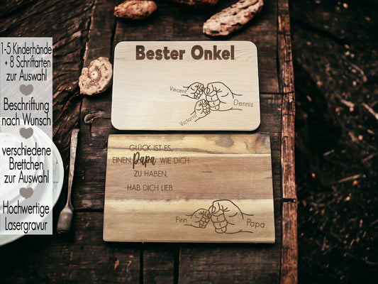 Holzbrett personalisiert Kinderhand Faust Check mit Namen | Schneidebrett Lasergravur | Geschenk Papa Opa Onkel | Vesperbrett Vatertag Bester Papa | glück ist es einen Papa wie dich zu haben |Bester Onkel Danke sagen | Superheld Papa