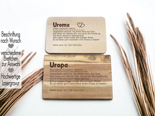 Holzbrett personalisiert Uroma Geschenk Uropa mit Name | Schneidebrett Frühstücksbrett Vesperbrett  personalisiert | Holzbrett Lasergravur | Tick-Tack-Oma | Uroma Substantiv Definition