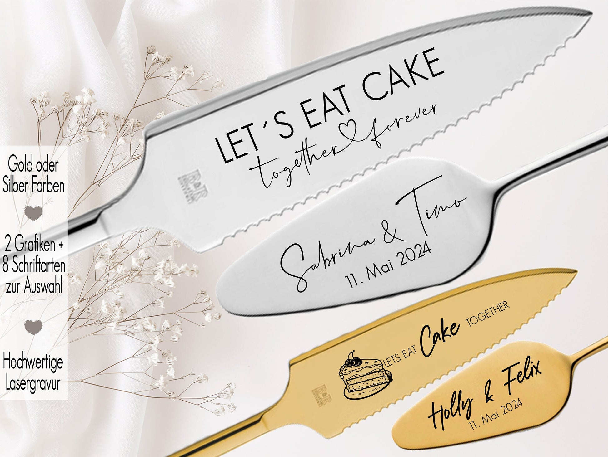 Tortenheber inkl. Tortenmesser im Set personalisiert | Gravur Wunschtext Geschenk zur Hochzeit | Jahrestag | Kuchen Birthday Geburtstag Feier Jubiläum Gold o. Silber| Lets eat cake together | Für immer du und ich ein Leben lang an deiner Seite