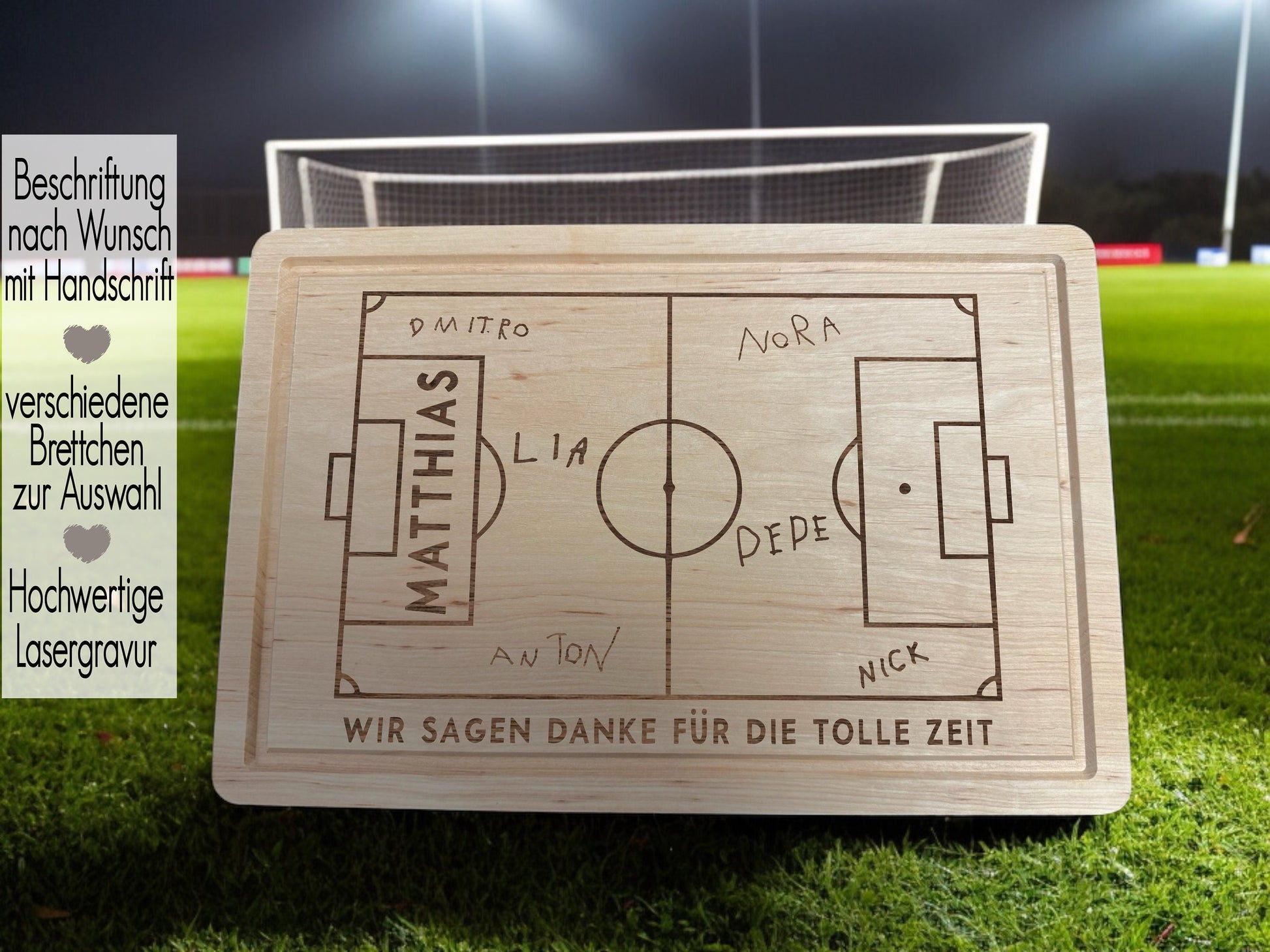 Abschiedsgeschenk Kindergarten Kita Schule Fußballfan | Schneidebrett für Trainer | Vesperbrett  personalisiert | Holzbrett Handschrift | Trainer Danke sagen für die tolle Zeit | Trainer Geschenkidee | Fußballfan EM WM mit Fußballfeld