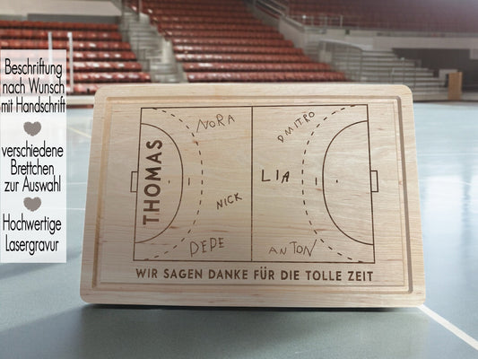 Abschiedsgeschenk Kindergarten Kita Schule Handballfan | Schneidebrett für Trainer | Vesperbrett  personalisiert | Holzbrett Handschrift | Trainer Danke sagen für die tolle Zeit | Trainer Geschenkidee | Handball EM WM mit Handballfeld