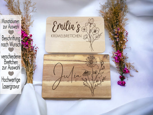 Frühstücksbrett personalisiert mit Name Wunschtext | Holzbrett Lasergravur | Geschenk Geburt Babygeschenk Taufe Vesperbrett | Monatsblume Geburtsblume | Birth Month | Gänseblümchen Rose Veilchen Peony Floral Flower