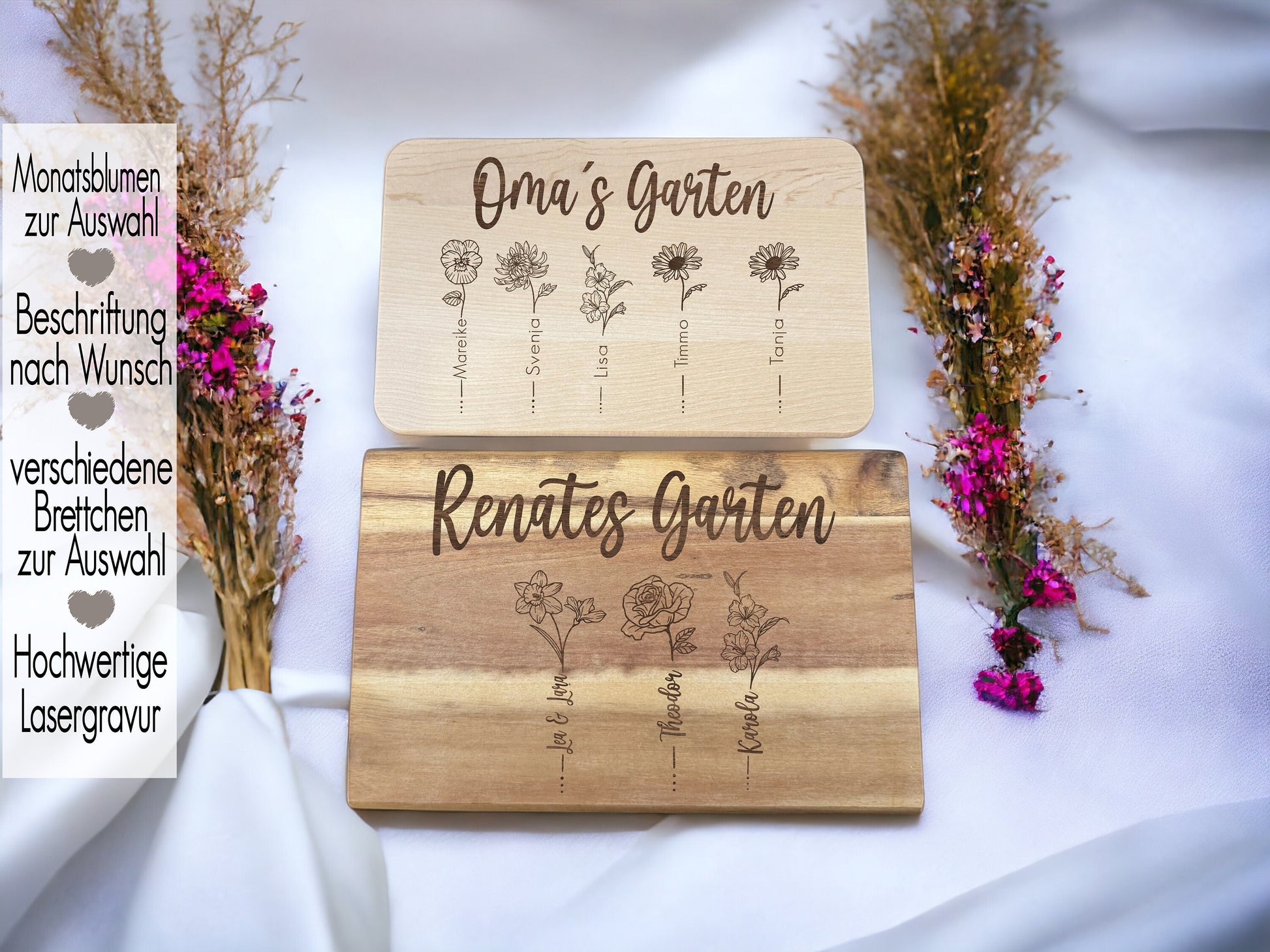 Frühstücksbrett personalisiert mit Name Kinder Enkel | Schneidebrett Lasergravur | Geschenk Oma Mama | Geburtsmonat Blumen | Omas Garten | Geschenk von Enkel Kinder an Oma | Oma Danke sagen Geschenkidee | Du wirst Oma Opa