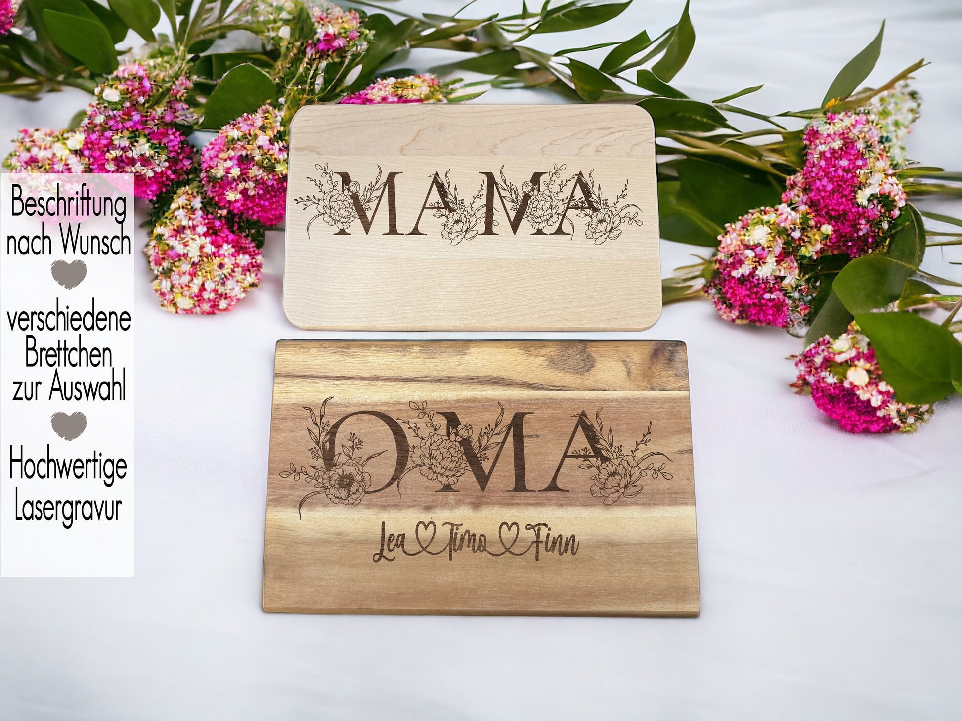 Frühstücksbrett personalisiert | Geschenk für Oma | Schneidebrett Lasergravur | Muttertag Geburtstag Danke sagen | Flower Monogramm Peony Floral