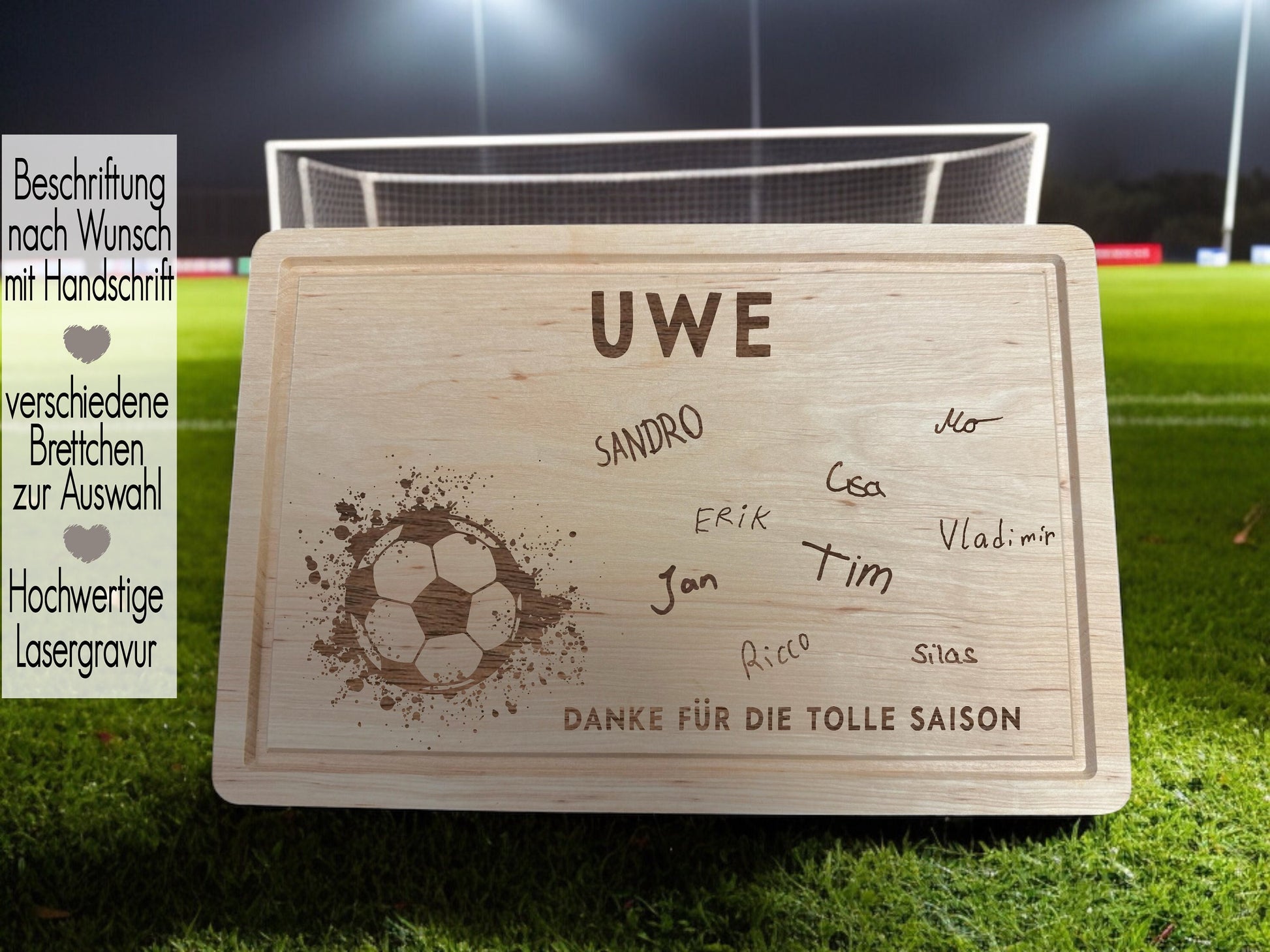 Abschiedsgeschenk Kindergarten Kita Schule Fußballfan | Schneidebrett für Trainer | Vesperbrett  personalisiert | Holzbrett Handschrift | Trainer Danke sagen für die tolle Zeit | Trainer Geschenkidee | Fußballfan EM WM mit Fußballfeld