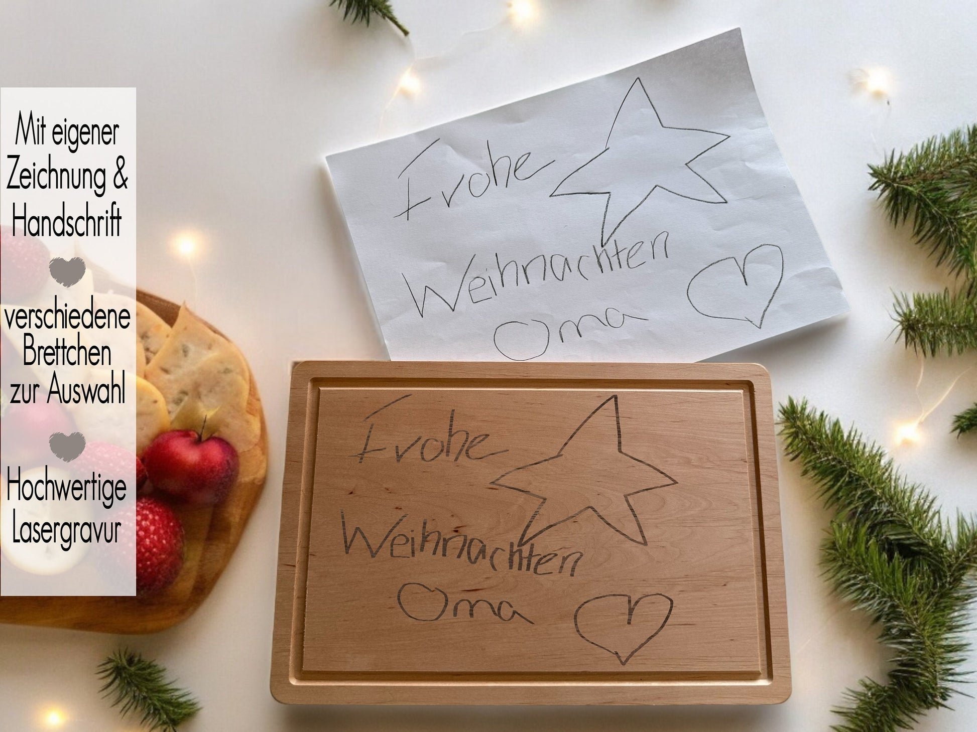 Frühstücksbrett Kinderzeichnung | Kinderkunstwerk Handschrift | Vesperbrett personalisiert | Bild Handabdruck auf Holzbrett | Geschenk Oma