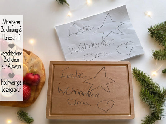 Frühstücksbrett Kinderzeichnung | Kinderkunstwerk Handschrift | Vesperbrett personalisiert | Bild Handabdruck auf Holzbrett | Geschenk Oma