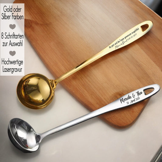 Schöpflöffel personalisiert mit Namen & Wunschtext | Gravur Suppenkelle Gold o. Silber | Geschenk zur Hochzeit Suppe gemeinsam ausgelöffelt Brautpaar Geschenkidee Mann und Frau | Geschenk für Ihn | Geschenk für Sie | Hochzeitstag