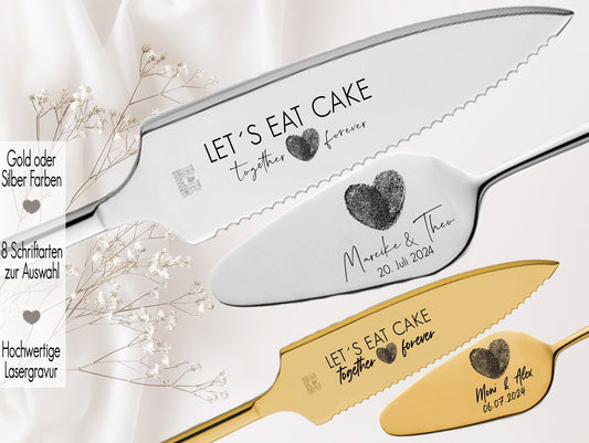 Tortenheber inkl. Tortenmesser im Set personalisiert | Gravur Wunschtext | Geschenk zur Hochzeit | Jahrestag | Namen Fingerabdruck Herz Gold o. Silber Liebe Fineline Handschrift Heute für immer | Du und ich ein Leben lang Für frisch Verheiratete