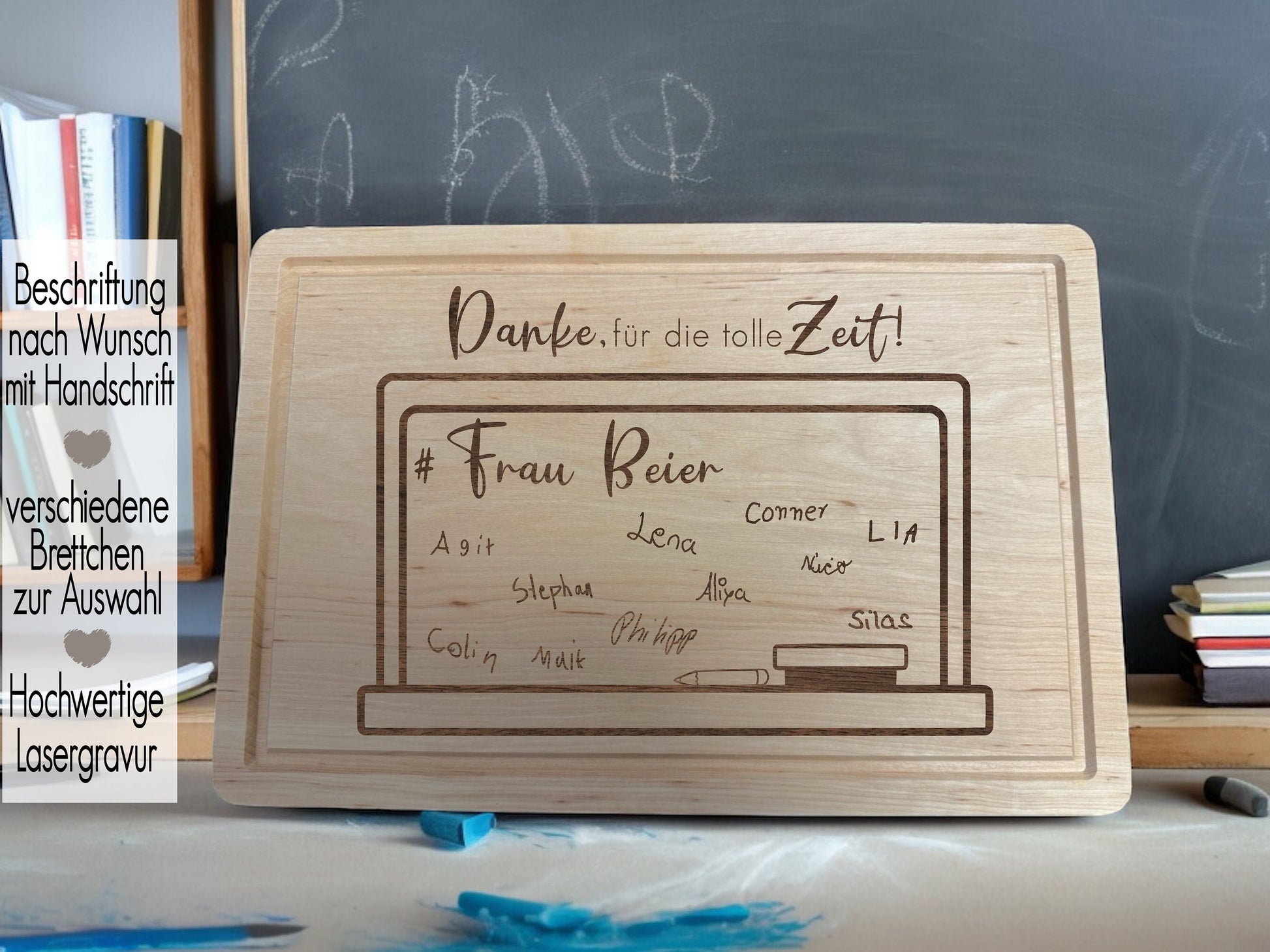 Abschiedsgeschenk Schule | Lehrerin Geschenk Schneidebrett mit Kindernamen Handschrift | Vesperbrett  personalisiert | Holzbrett Lasergravur | Lehrer Geschenk Abschiedsgeschenk Lehrerin mi8t Schultafel Kindernamen Handschrift einzigartig