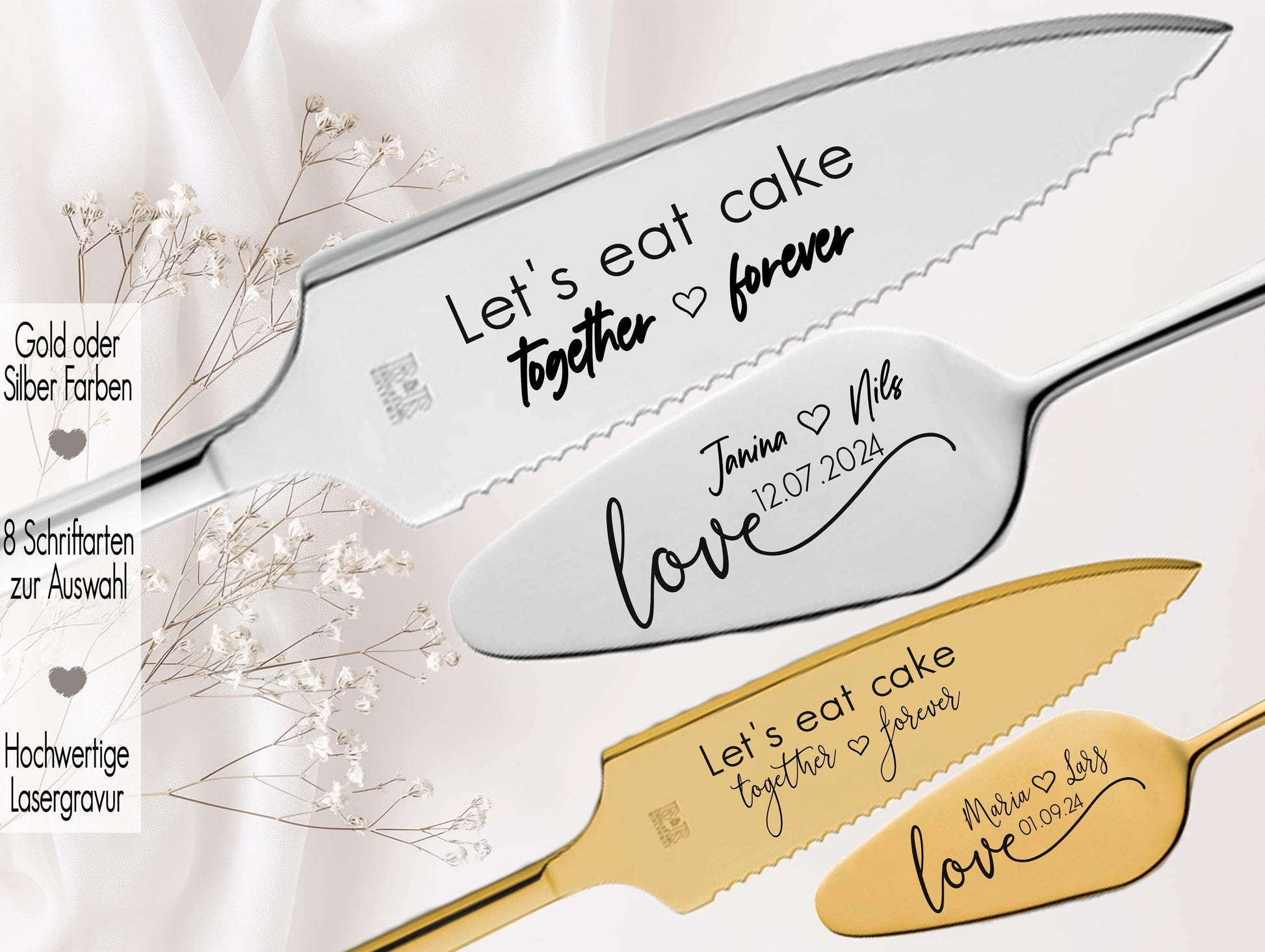 Tortenheber inkl. Tortenmesser im Set personalisiert | Gravur Wunschtext | Geschenk zur Hochzeit | Jahrestag | Namen Herz Gold o. Silber Herz Border Love Liebe Fineline Handschrift Heute für immer | Du und ich ein Leben lang Für frisch Verheiratete