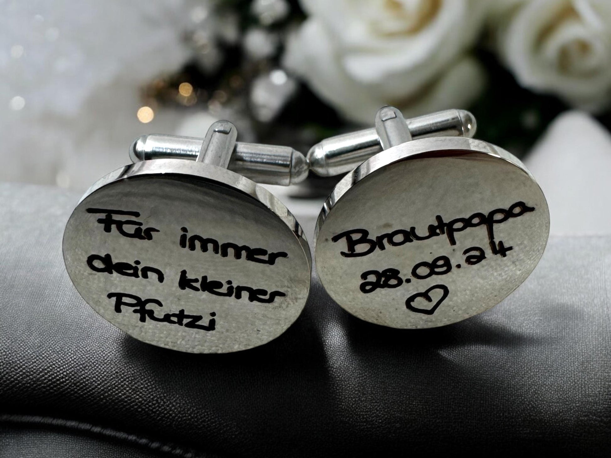 Manschettenknöpfe rund Gold oder Silber mit Gravur Mit eigener Handschrift Zeichnung