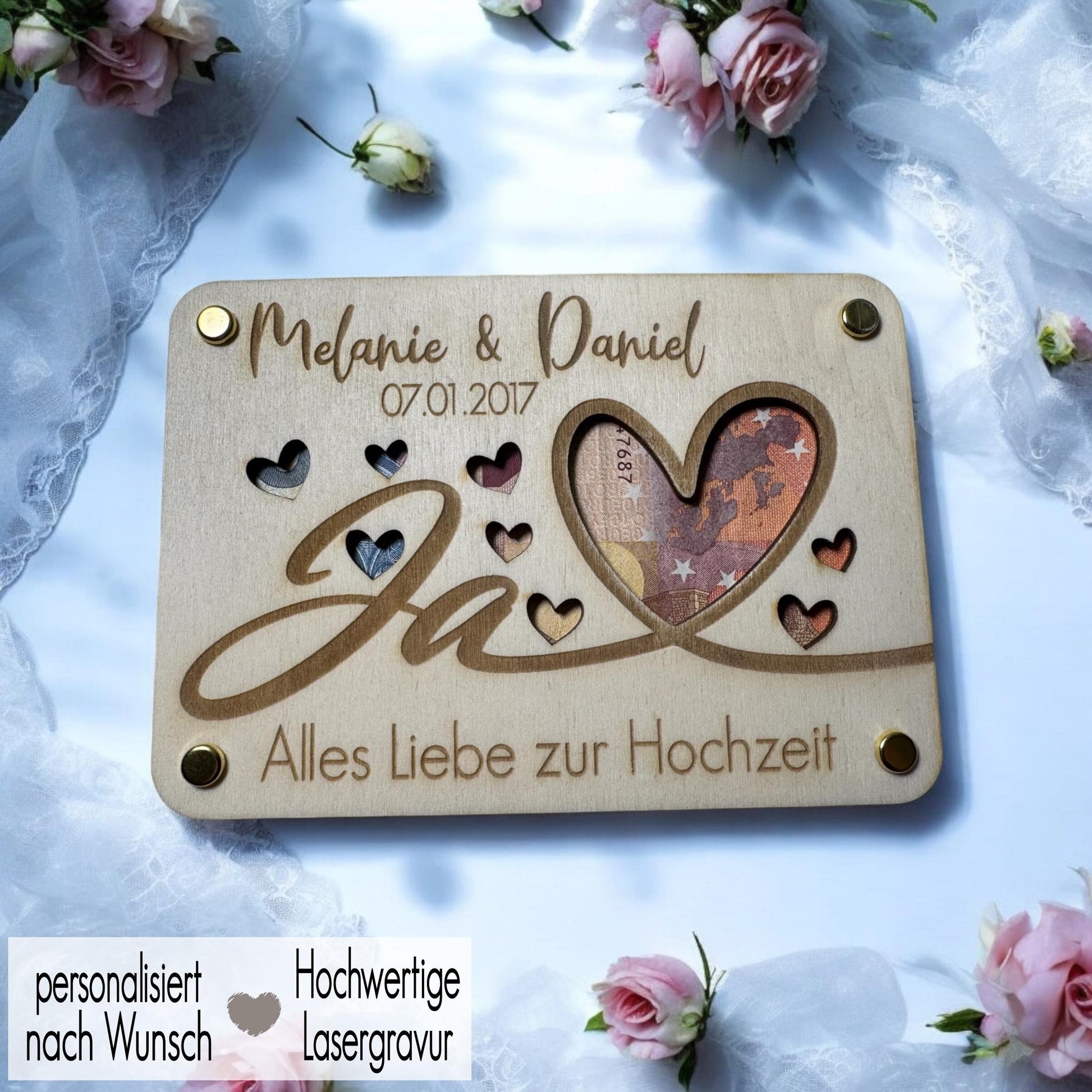 Geldgeschenk Karte zur Hochzeit personalisiert | Holzkarte Hochzeitskarte Geschenk Brautpaar | Geschenkkarte aus Holz | Geschenkverpackung