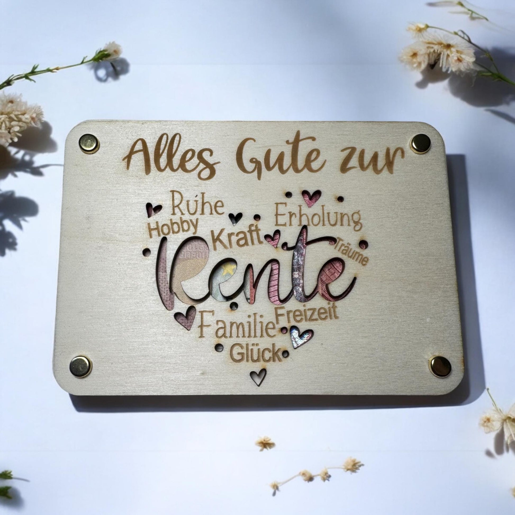 Geldgeschenk Karte | Rente Pension Geschenk | Holzkarte Geschenkkarte aus Holz | Geschenkverpackung Mitarbeiter Ruhestand Herz Familie Ruhe Hobby Kraft Erholung Träume Glück