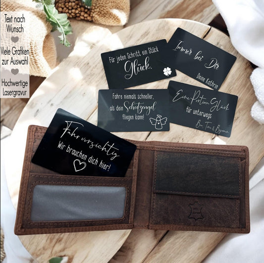 Gravierte Glücksbringer Visitenkarten | Familie Geschenk Oma Opa Mama Papa | Geschenkidee für Freunde | Fahr vorsichtig | Geldbeutel Karte