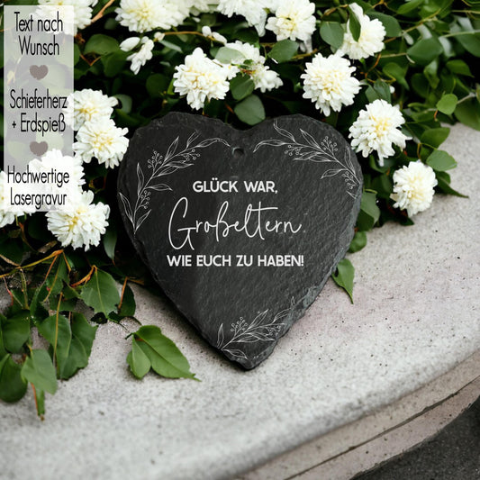 Grabschmuck mit Gravur | Schieferherz Grabstecker Wunschtext m Erdspieß | Gedenktafel Trauerdeko | Trauergeschenk Oma Mama Opa Papa | Blumen