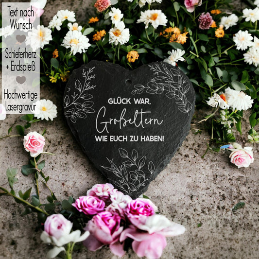 Grabschmuck mit Gravur | Schieferherz Grabstecker Wunschtext m Erdspieß | Gedenktafel Trauerdeko | Trauergeschenk Oma Mama Opa Papa | Blumen