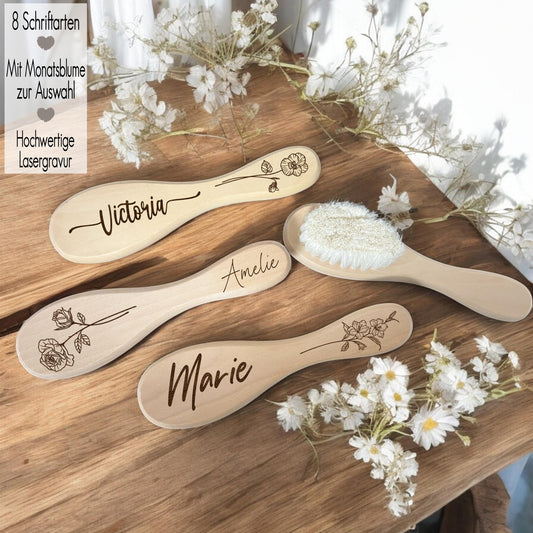 Babyhaarbürste aus Holz personalisiert mit Name + Monatsblume | Lasergravur | Geschenk zur Taufe, Geburt | Babybürste mit Namen Geburtsblume Rose Floral Taufgeschenk Geburtsgeschenk Babygeschenk Holzbürste