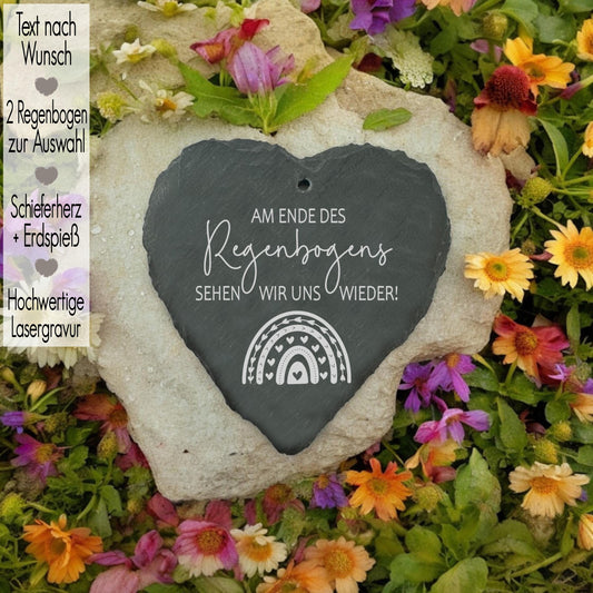 Grabschmuck mit Gravur | Schieferherz Grabstecker Wunschtext m Erdspieß | Gedenktafel Trauerdeko | Trauergeschenk Oma Mama Opa | Regenbogen | Am ende des Regenbogens sehen wir uns wieder | Sternenkind