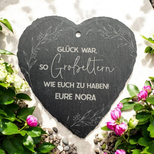 Grabschmuck mit Gravur | Schieferherz Grabstecker Wunschtext m Erdspieß | Gedenktafel Trauerdeko | Trauergeschenk Oma Mama Opa Papa | Blumen
