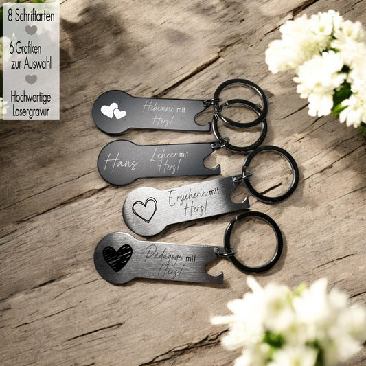 Einkaufswagenlöser Metall + Flaschenöffner I Einkaufswagenchip I Schlüsselanhänger I Einkaufschip Gravur I Geschenkidee personalisiert | Hebamme mit Herz| Erzieher mit Herz | Lehrer mit Herz