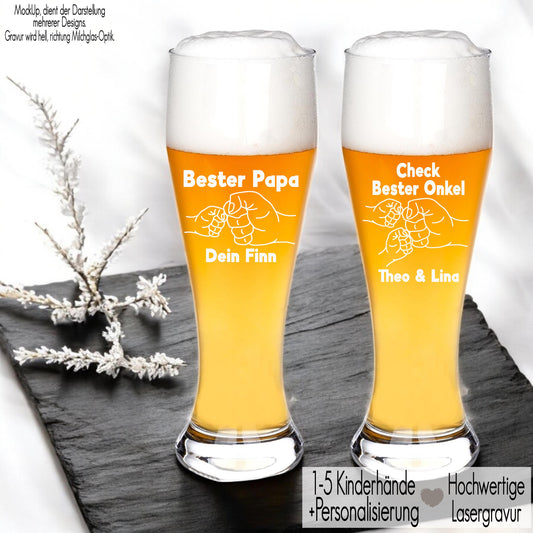 Weizenglas mit Gravur personalisiert mit Kinderhände Faust Check Cool Geschenkidee Papa Opa Patenonkel Geschenk Geburtstag Männer Bierglas Faus Check du bist der coolste Zeichen der Zuneigung