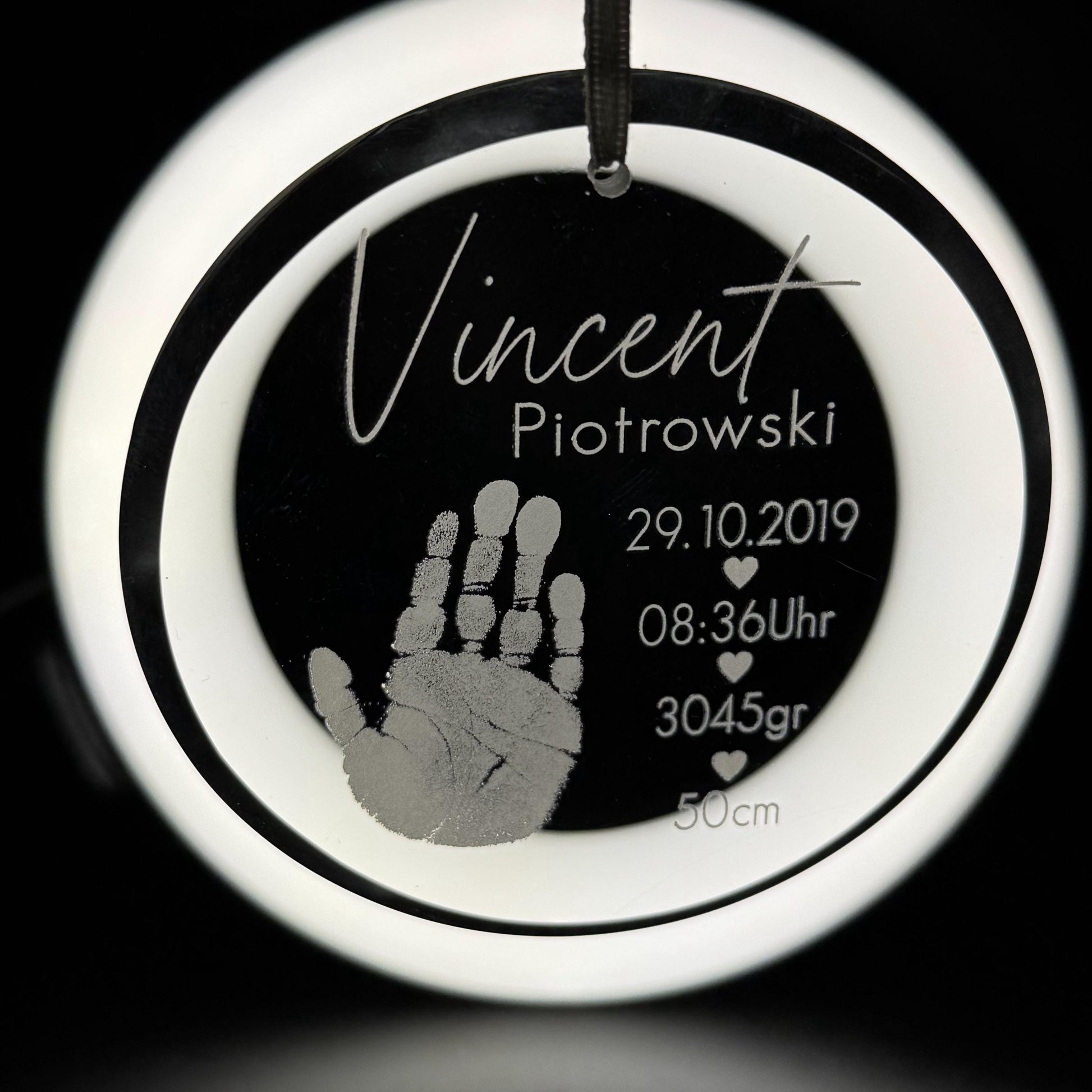 Glas Ornament mit Gravur personalisiert mit Name Handabdruck Kristallglas Anhänger Geburt Meilenstein Baby Geschenkidee Weihnachtsgeschenk