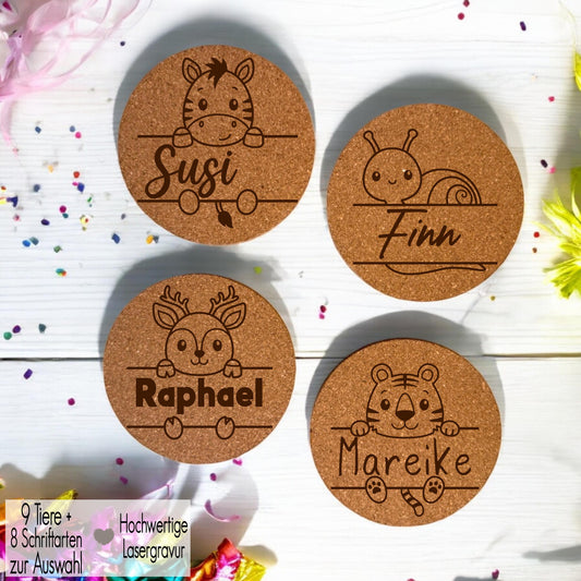 Kork Untersetzer für Gläser personalisiert Gravur Kinder Glasuntersetzer Taufe Gastgeschenk Mitgebsel Geburtstag Platzkarte Tiere Löwe Reh Einhorn Bär optimale Mitgebsel oder Mitbringsel auf Geburtstagen Feiern und co
