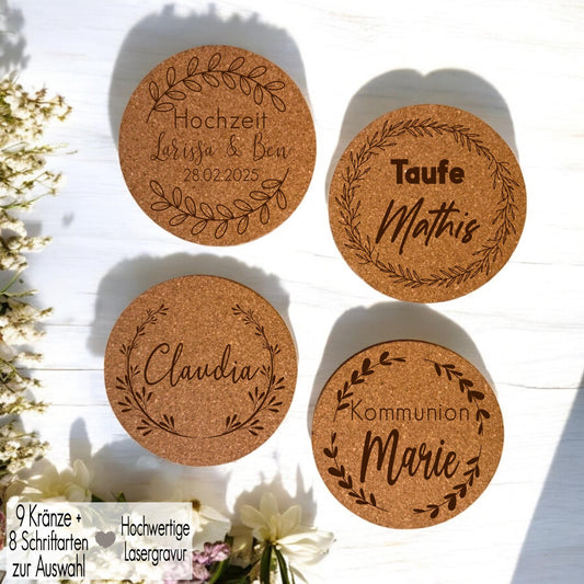 Kork Untersetzer für Gläser personalisiert Gravur Glasuntersetzer Kommunion Taufe Namensschilder Platzkarten Hochzeit Gastgeschenk Kränze Untersetzer als Gastgeschenk Mitgebsel Mitbringsel Kommunion Taufe Konfirmation